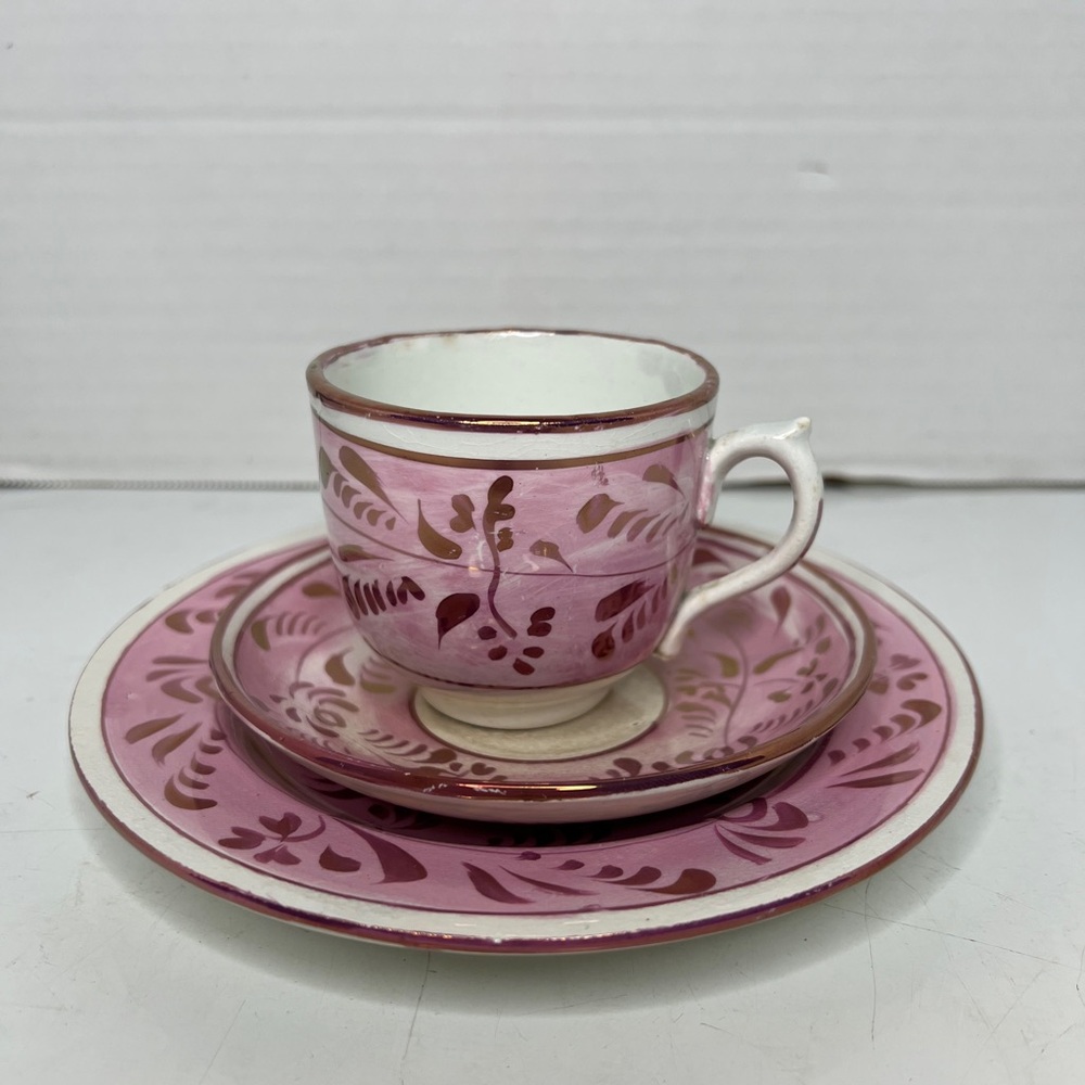 Antique 1800s Staffordshire England Pink Lusterware Cup & Saucer Plate Teacup
